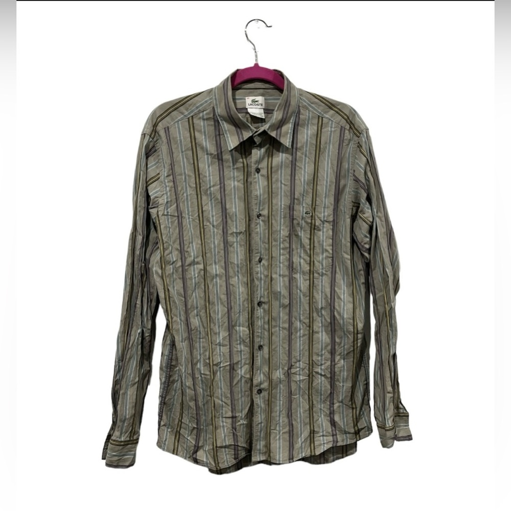 Lacoste‎ Men's Vertical Stripe Size 42 Large Button Up Shirt Vintage Grey Logo
